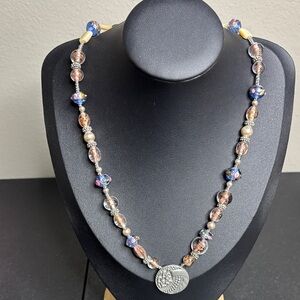 Wedding Cake Dichroic Glass Beaded Handcrafted Necklace Silver Tone